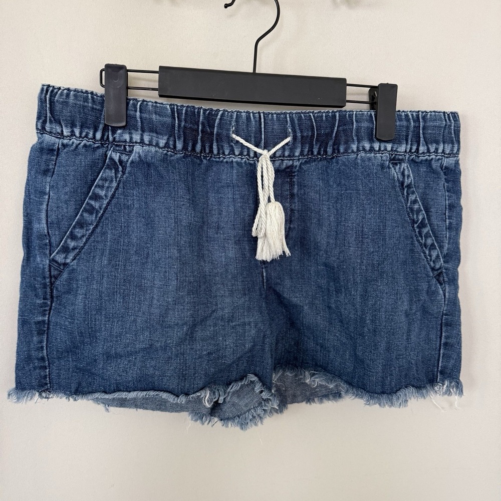 Loft Womens 27/4 Blue Linen Blend‎ Pull On Jean Shorts Raw Hem Tassel Drawstring